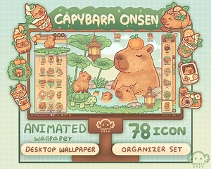 Desktop Theme Background Windows and Mac Capybara Onsen Wallpaper Organizer Set | Animated Folder Icon Wallpaper | Cute Desktop Organizer - Etsy