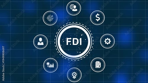 Central circle FDI with surrounding representing global connections business growth financial success and innovative ideas on a dark grid background