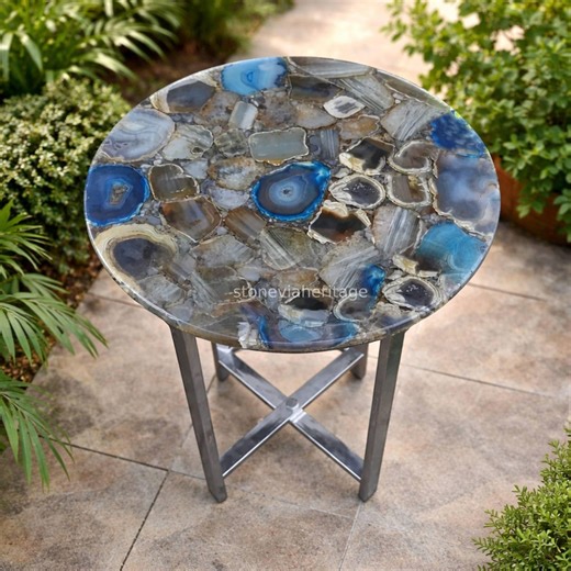 Multicolor Stone Top Coffee Table, Custom Side Table, Round Accent Table, Gift for Him - Etsy