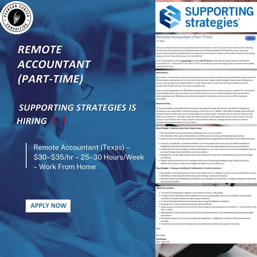 Remote Accountant (Part-Time) 📌 Supporting Strategies is HIRING ❗❗ 📍 Texas (Remote) 💼 Part-Time (25–30 hours/week) 💰 Pay: $30–$35 USD per hour 📩 Apply Here: https://job-boards.greenhouse.io/supportingstrategies/jobs/4360459006?fbclid=IwY2xjawQCj6lleHRuA2FlbQIxMABicmlkETIwYXJqUVF1ZEl1ZVJ1cjIzc3J0YwZhcHBfaWQQMjIyMDM5MTc4ODIwMDg5MgABHuCu7OfTO45gkFQ5cJ32S__4XBPhvELhS7MpoQxFsb90Ev-dMNKlbcjjP1YK_aem_roshihrlce6W2ItmAx2WgQ