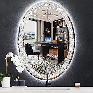 THEKLA 24 x 36 inch Crystal Oval Lighted Vanity Mirror with Lights 3 Color Adjustable Brightness Anti-Fog Diamond Crystal Oval LED Mirror for Bathroom Wall 36" Crystals Ovals Smart Light up Mirrors