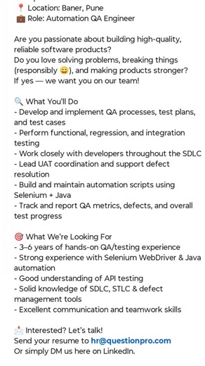 Software Testing Job's on Instagram: "#QAJobs #SoftwareTestingJobs #AutomationTesting #ManualTesting #SeleniumJobs #QATester #TestEngineer #HiringForQA #ITJobsIndia #JobUpdates #TechJobs #QACommunity #TestingCareers #QualityAssurance #JobsForTesters"