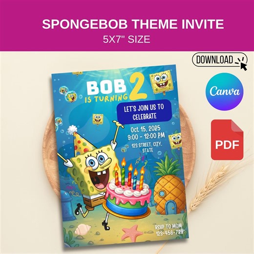 Spongebob Birthday Invitation Template | Canva Editable, 5x7 (digital Download) - Etsy Canada