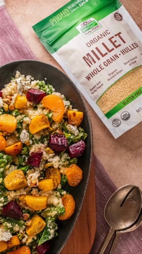 Add a pop of color and nourishment to your Thanksgiving spread with this Autumn Millet Salad: nowfds.com/autumn-millet-salad  Made with NOW Real Food® Organic Millet, roasted beets, crisp kale, mandarin segments, herbed goat cheese, and pistachios, all topped with a citrusy maple-Dijon dressing. It’s a perfect mix of sweet, savory, and tangy that will have your guests coming back for seconds. 旅✨ | NOW Foods | Facebook