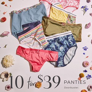 Bright on time! New spring panties are HERE…but not for long! Grab 10 for $39 in super comfy No Show, Extra Soft & Cotton and sizes 12-36. (Because we love you a whole bunch!) 💕 | Lane Bryant