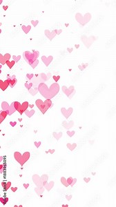 Romantic red and pink heart particles slowly floating from the left side on white background. Hearts celebrating love, affection for a sweetheart, passion, or for loving Valentine's day backgrounds.