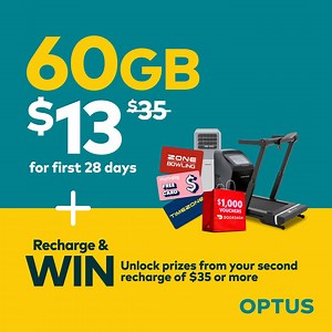 Winning looks good on you (so does Optus Prepaid). Enjoy 60GB for just $13 for your first 28 days. Plus from your second recharge of $35 or more by 17 March there’s over $150 million in prizes available – including a $30,000 dream holiday. $13 offer ends 25/02/26, recharges revert to $35. 60GB (includes 20GB bonus) on first 3 recharges, then 20GB, activate by 10/03/26. New services and online only. Plan requires $35 AutoRecharge. Terms apply. Competition ends 17/03/26 AEDT. Opted out of marketin