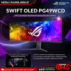 Experience endless immersion with the Asus ROG Swift OLED PG49WCD gaming monitor, featuring QD-OLED panel, 144Hz refresh rate, and 0.03 ms (GTG) response time. ₱105,000.00* For online orders, just click here   Website: https://bit.ly/49PTDY4 Visit our stores or website | Message us for same-day delivery (Mon-Sat/8am-2pm) *Prices are subject to change without prior notice. #Asus #ROG #SwiftOLED #PG49WCD #Monitor #gameoneph | Game One PH | Facebook
