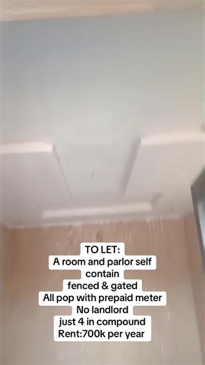 TO LET: A room and parlor self contain fenced & gated All pop with prepaid meter No landlord just 4 in compound Rent:700k per year For inspection details: 📞 09013068614 WhatsApp: 09013068614 #HouseHuntingLagos #RentInLagos #AffordableHousingLagos #LagosApartment #HouseForRentLagos Aloma