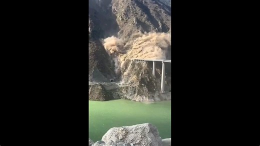 The Hongqi Bridge in Shuangjiangkou, Sichuan Province, China, partially collapsed