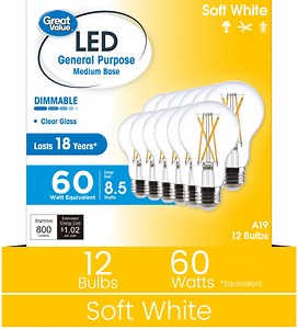 Great Value 18YR A19 LED Light Bulb, 8.5W(60W Equivalent) Dimmable Soft White E26 Base (12 Pack)