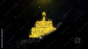 Birthday Cake Icon on Gold Glitter Particles Spark Exploding Fireworks Display . Object, Shape, Text, Design, Element, Symbol 4K Animation.