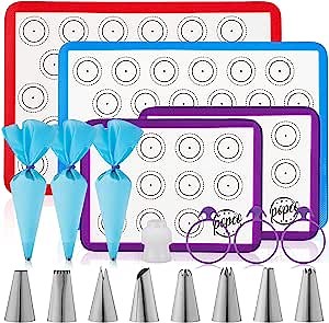 POPCO Macaron Baking Kit (19pcs Set) - 2 Half Size and 2 Quarter Size Silicone Macaron Baking Mats Plus 8 Piping Tips, 3 Piping Bags with 3 Bag Ties, 1 Coupler