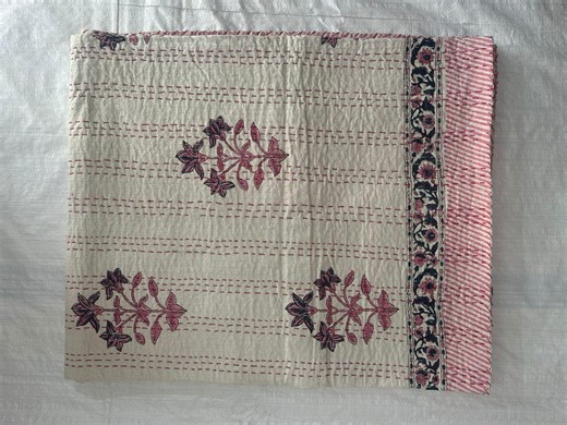 Hand Block Print Kantha Quilt: Queen Size Indian Cotton Bedspread - Etsy