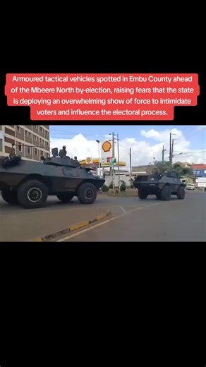 Armoured tactical vehicles spotted in Embu County ahead of the Mbeere North by-election, raising fears that the state is deploying an overwhelming show of force to intimidate voters and influence the electoral process.#mberenorthconstituency #foryou #wamuthende #kenyantiktok🇰🇪 #newtonkarish