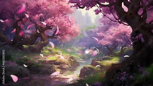 Scene in a spring time forest with cherry trees. cherry leaves fall. Animated seamless looping background