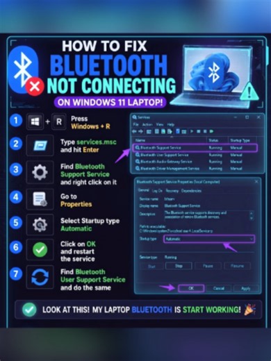 🚀 Fix Windows 11 Bluetooth Not Connecting in 7 Easy Steps! Is your Windows 11 laptop refusing to connect to your Bluetooth devices? Don't panic! 😩 We've put together a simple, step-by-step visual guide to help you restart the essential service and get everything working again in just a few minutes. Here is what you need to do: 1️⃣ Open Run: Press the Windows R keys. 2️⃣ Access Services: Type services.msc and hit Enter. 3️⃣ Find Bluetooth Service: Locate
