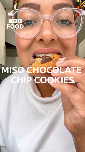 Shelina Permalloo has given classic chocolate chip cookies a grown up makeover with the delicious addition of miso. Gooey, chocolatey and packed with umami, these won't last long in the biscuit tin... 🍪 https://www.bbc.co.uk/food/recipes/miso_chocolate_chip_10832 | BBC Food