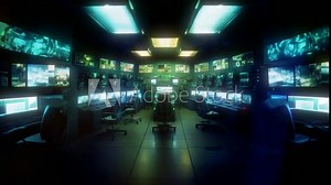 Animated loop scene of security room full of screens and computers. Monitoring station for secret service. Cinematic scene.