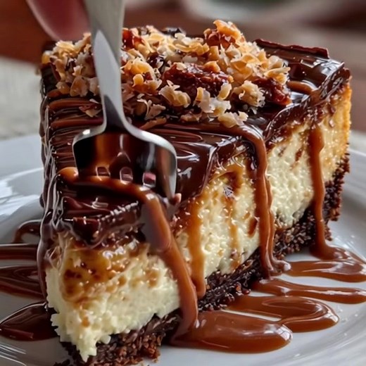 German Chocolate Cheesecake Yield: 10–12 slices Prep Time: 25 minutes Bake Time: 1 hour 15 minutes Chill Time: 4 hours (or overnight) Total Time: About 6 hours --- 🧁 Ingredients For the Crust: 1 ½ cups chocolate cookie crumbs (like Oreo, finely crushed) ¼ cup granulated sugar 5 tablespoons unsalted butter, melted For the Cheesecake Filling: 3 (8 oz / 226 g each) packages cream cheese, softened 1 cup granulated sugar 1 cup sour cream 4 large eggs (room temperature) 1 teaspoon vanilla extract 1 c