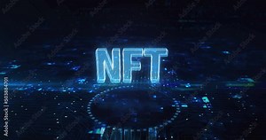 NFT Non-Fungible Token and digital collectibles symbol abstract cyber concept. Digital technology background seamless and loopable dynamic 3d animation.