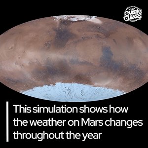Martian Weather Report: Cloudy with a Chance of Ice and Dust! Newsflash! A year on Mars comes with its own dramatic weather changes. This supercomputer simulation gives us a front-row seat to how the red planet’s climate changes over the course of a Martian year, from spring through winter in the northern hemisphere. Here’s what you’re seeing: ☁️ Water-ice clouds (gray) drifting in the sky 🌬️ Dust (yellow) sweeping across the surface 🧊 Frozen carbon dioxide (white) forming and vanishing with t