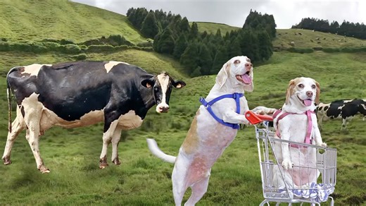 Funny dog pushes friend in shopping cart across world