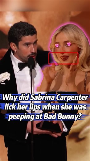 Why did Sabrina Carpenter lick her lips when she was peeping at Bad Bunny? #badbunny #sabrinacarpenter #grammy #rapper #superbowl
