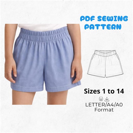 Girl's Shorts Sewing Pattern PDF | Sizes 1-14 | Chambray Summer Shorts Digital Download | Easy Kids Sewing Project | A4, A0, US Letter - Etsy