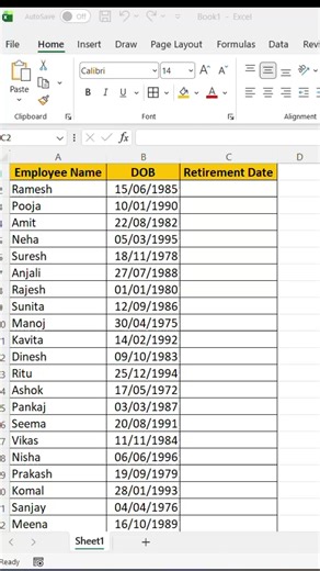 Excel se Retirement Date 😱 | Office Life Reality Kya aapko pata hai ❓ Excel sirf calculation nahi… future bhi dikha deta hai 😮 👉 Bas DOB dalo 👉 1 Excel formula lagao 👉 Aur mil jaayegi Retirement Date (60 Years Rule) 👨‍💼 Office staff 📊 HR 🎓 Students sab ke liye useful Excel trick 🔥 📌 Video pasand aaye to LIKE 👍 | SHARE 🔁 | FOLLOW 🔔 📌 Comment me apni DOB likho 😎 excel retirement date retirement calculator excel excel date formula office excel tricks excel hindi excel short video ex
