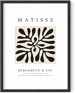 HAUS AND HUES Matisse Abstract Poster – Henri Matisse Exhibition Print, Modern Paper Cutout Artwork, Minimalist Black Plant and Clover Design (12x16, Black Frame)