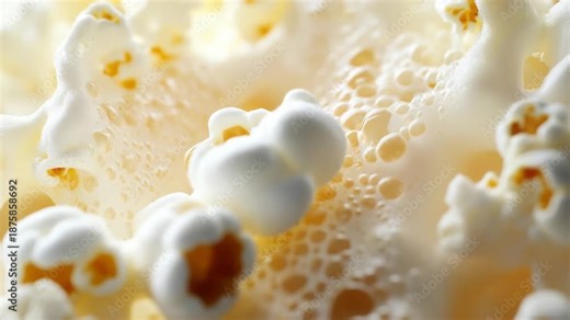 This is a close-up photograph showing the explosive force of steam causing popcorn kernels to burst from their shells. The video captures the moment of expansion, illustrating how popcorn gains its