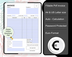 Invoice Fillable Pdf Invoice Template Built in With Euro Currency Format Printable & Editable Auto-calculation Instant Download - Etsy Canada