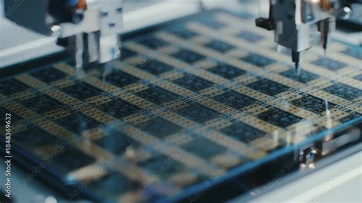 Automated machinery testing a semiconductor wafer, a high tech manufacturing process.