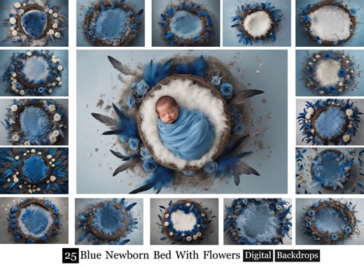 25 Blue Newborn Bed With Flowers Backdrops,newborn Digital Backdrop,newborn Feather Bed,boy Newborn Studio Backdrop,baby Prob Backdrop Photo - Etsy
