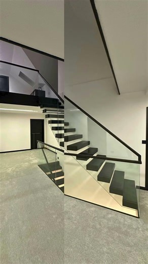 Black Floating Staircase designs ~ Glass Balustrade #interiordesign #floating #home
