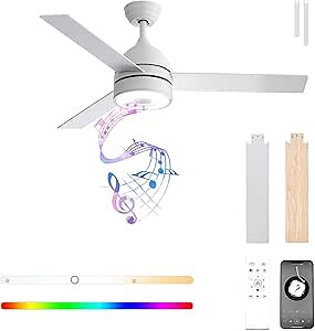 48in Ceiling Fans with Lights Remote Control,RGB Dimmable Color LED Light And Bluetooth Speaker Reversible 3 Blades Timing Rustic Modern Ceiling Fans for Patio,Bedroom,Office