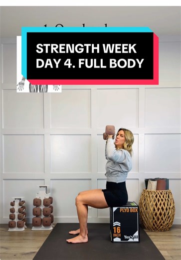 Full Body Strength Workout 📌Save this workout and be sure to checkout days 1-3 also for a complete week of workouts. Smart programming and no guesswork for you. This circuit works the complete upper body, lower body, and of course core as well, as always with strength training. Be sure you choose weight that is challenging for you! 8-12 Reps, 3 Sets 1. Overhead press 2. Sumo squat 3. Hammer curl/side curl 4. Step-up 5. Reverse fly 6. Skull crusher 7. Donkey kick 8. Push-up