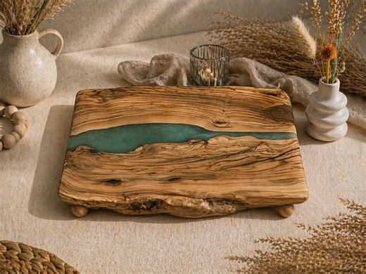 Live Edge Olive Wood Serving Board With Wooden Sphere Legs, Green Epoxy Charcuterie Tray - Etsy