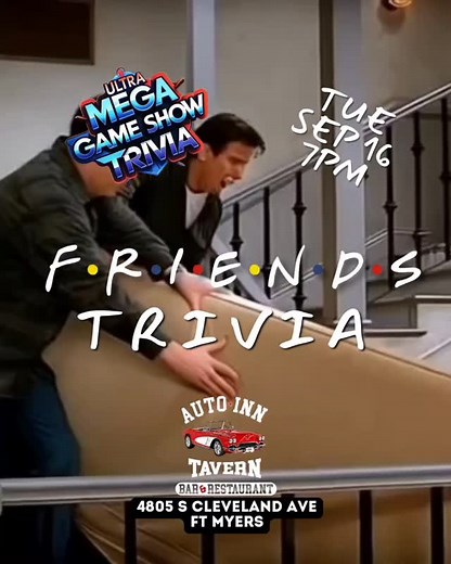 FRIENDS TRIVIA is Tue, September 16 at 7pm at @autoinntavern ! We will be giving away Friends-themed prizes to the top 3 teams! Earn extra bonus points by sinking a putt in our mini-golf challenge (and other games)! Wear Friends gear or dress as your favorite character for even more bonus points! #fortmyerstrivia #swfltrivia #skillgames #ftmyerstrivia #swflnightlife #swflevents #ftmyersevents #swflstrong #fortmyersevents #ftmyersnightlife #floridastrong #friends #gameshow #gamenight #friendstriv
