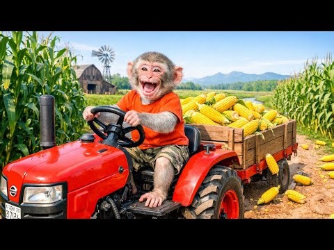 Baby monkeys harvest corn on a tractor and save the cornfield.!- Monkey Farm Work|PawPaw Animals TV
