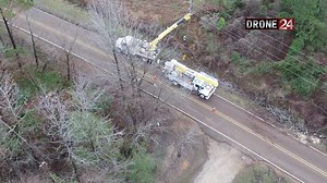 Drone aerial shots in Olive Branch of Saturday's storm damage shot this morning as crews work to clear downed trees and restore power in the area near Dunn Lane E and Cockrum St/305. | ABC24 Memphis