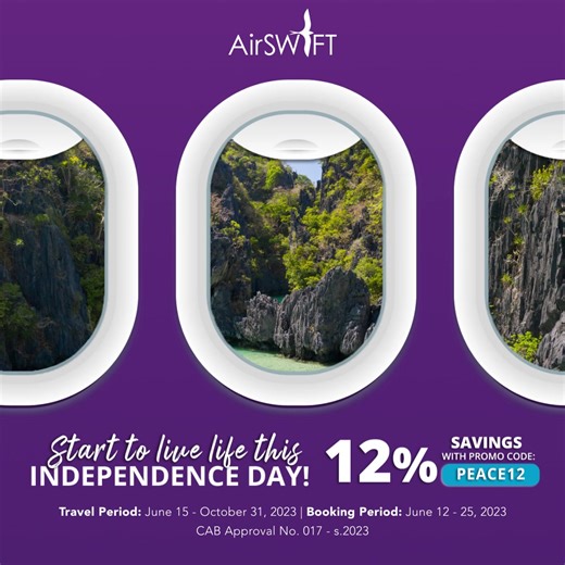 75 reactions · 25 shares | Start to live life this Independence Day! Explore, discover, and experience one of the many iconic Philippine destinations! Use the code PEACE12 to get 12% savings when you book this June 12- 25, 2023 Book a flight now via air-swift.com #StartWanderful with AirSWIFT Airlines. | AirSWIFT Airlines | Facebook