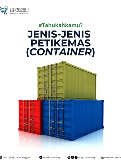 Tahukah Sobat? Dalam ekspor, kontainer punya jenis dan fungsi yang berbeda-beda, lho! Pemilihan kontainer yang tepat bisa jaga kualitas barang dan bikin pengiriman lebih aman. Yuk kenali jenis-jenis kontainer sebelum ekspor! #tahukahkamu #ppejpkemendag #kemendag