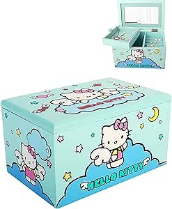 Hello Kitty Jewelry Box with Tray and Storage Official License, Blue Jewelry Box, Wood Jewelry Organizer, Sanrio Gifts (Blue)
