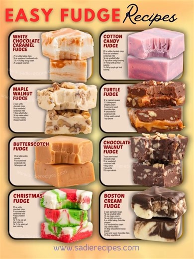 🍫✨ “The Easiest Fudge Recipes You’ll Ever Make!” 🍁 If anyone’s looking for me… tell them I’m busy stirring fudge magic 🪄 Because these easy fudge recipes are so addictive, my friends have been knocking just to get a piece! 😆 Each one is rich, creamy, melt-in-your-mouth perfection — and yes, they’re super easy, even for beginners! 👩‍🍳 🤍 1️⃣ White Chocolate Caramel Fudge Ingredients: 3 cups white chocolate chips 🍫 1 can (14 oz) sweetened condensed milk ½ cup caramel sauce 🍯 1 tsp vanilla 
