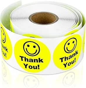 300 Smiley Face Thank You Stickers, Yellow - 1.5 inch, Round Circle Dot Smiley Happy Face Stickers/Thank You for Small Business/Teachers - 1 Roll