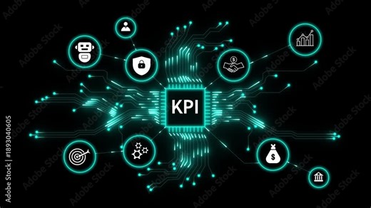 Digital network connecting business icons around a central cpu displaying kpi key performance. Futuristic kpi dashboard concept with digital analytics, performance metrics and business growth.