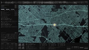 Futuristic digital city map layout with satellite GPS coordinate searching and target tracking, interface head up display screen with data telemetry information for background display