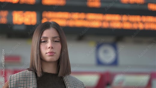 Beautiful young woman waiting for a public transport at a train station or airport, using her smartphone to text a message. A departures board with timetables is visible in the background. Slow motion